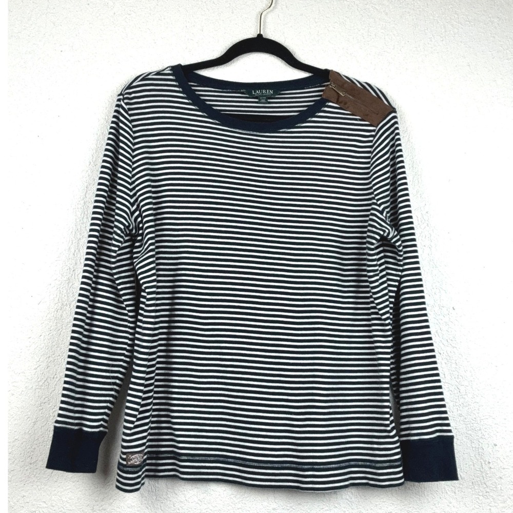 Lauren Ralph Lauren Navy Striped Top - 1X - Elbow Patches Preppy Coastal Look